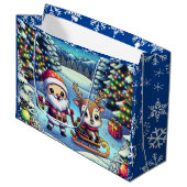 かわいいマンガのサンタとトナカイのクリスマス ラージペーパーバッグ (正面アングル)