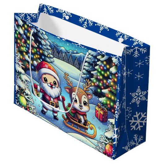 かわいいマンガのサンタとトナカイのクリスマス ラージペーパーバッグ (正面アングル)