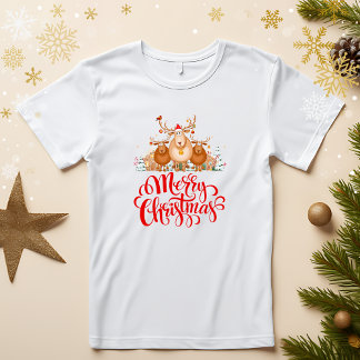 かわいいマンガのトナカイ一家「メリークリスマス」 Tシャツ