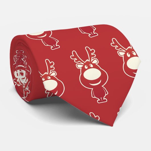 かわいいマンガのトナカイ模様(赤) ネクタイ (ロール)