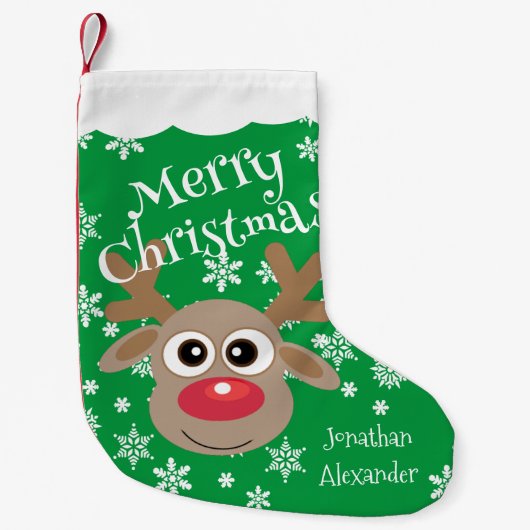 かわいいマンガのトナカイ白い雪片グリーン名 スモールクリスマスストッキング (正面)