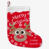 かわいいマンガのトナカイ白い雪片レッド名 スモールクリスマスストッキング (正面)