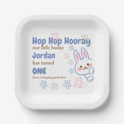かわいいマンガのバニーが1人の男の子を1歳の誕生日に ペーパープレート (正面)