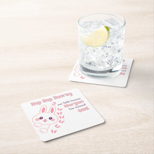 かわいいマンガのバニー一女の子を変える1歳の誕生日 スクエアペーパーコースター (インサイチュ)
