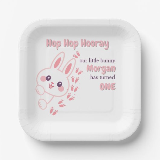 かわいいマンガのバニー一女の子を変える1歳の誕生日 ペーパープレート (正面)