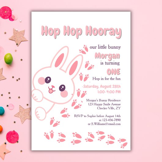 かわいいマンガのバニー一女の子を変える1歳の誕生日 招待状