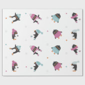 かわいいマンガのペンギンでハートと雪片 ラッピングペーパー (フラット)