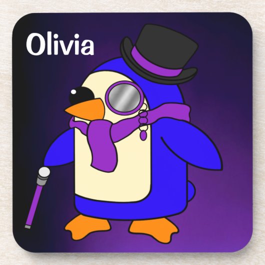 かわいいマンガのペンギン深い紫バイオレット コースター (正面)