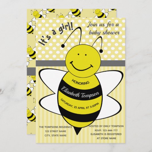 かわいいマンガのミツバチの赤ちゃんシャワー 招待状 (正面/裏面)