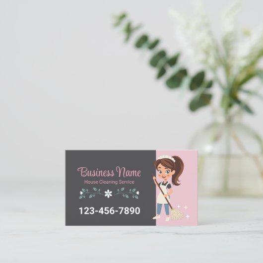 かわいいマンガのメイドハウスクリーニングサービスピンク 名刺 (スタンド正面)