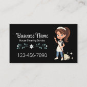 かわいいマンガのメイドハウスクリーニングサービスブラック 名刺 (正面)
