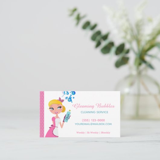 かわいいマンガのメイドハウスクリーニングサービス 名刺 (スタンド正面)