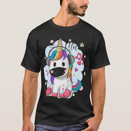 かわいいマンガのユニコーンとヘッドフォン Tシャツ (正面)