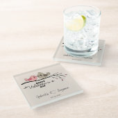 かわいいマンガのラブバードを枝にバレンタインデー ガラスコースター (アングル)