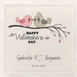 かわいいマンガのラブバードを枝にバレンタインデー ガラスコースター