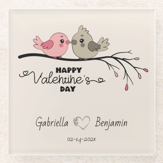 かわいいマンガのラブバードを枝にバレンタインデー ガラスコースター (正面)
