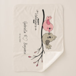 かわいいマンガのラブバードを枝にバレンタインデー シェルパブランケット