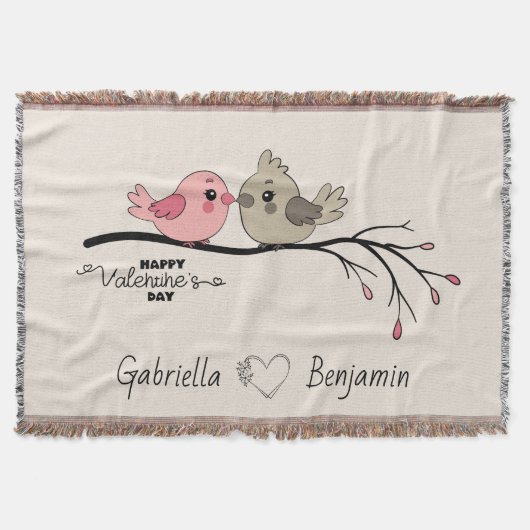 かわいいマンガのラブバードを枝にバレンタインデー スローブランケット (正面)