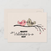 かわいいマンガのラブバードを枝にバレンタインデー ポストカード (正面/裏面)