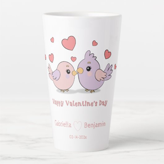 かわいいマンガのラブバードピンクハートバレンタインデー カフェラテマグ (正面)