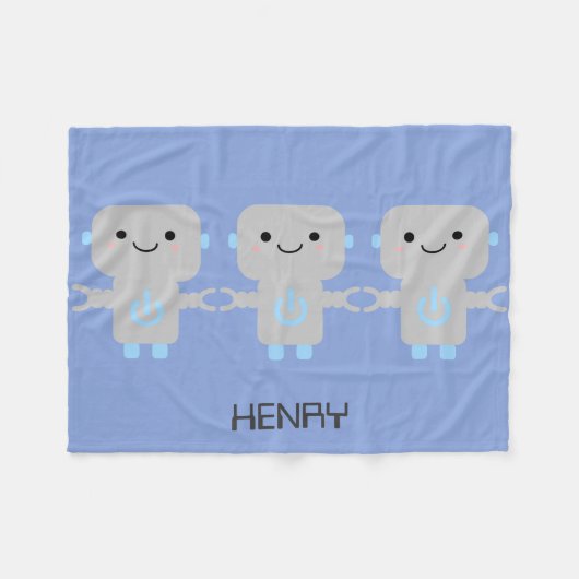 かわいいマンガのロボットブルー フリースブランケット (正面(横))