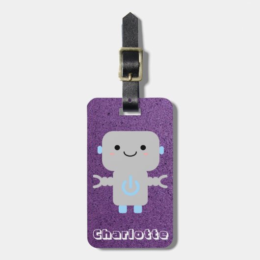 かわいいマンガのロボット紫と名前 ラゲッジタグ (正面縦)