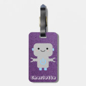 かわいいマンガのロボット紫と名前 ラゲッジタグ (裏面縦)