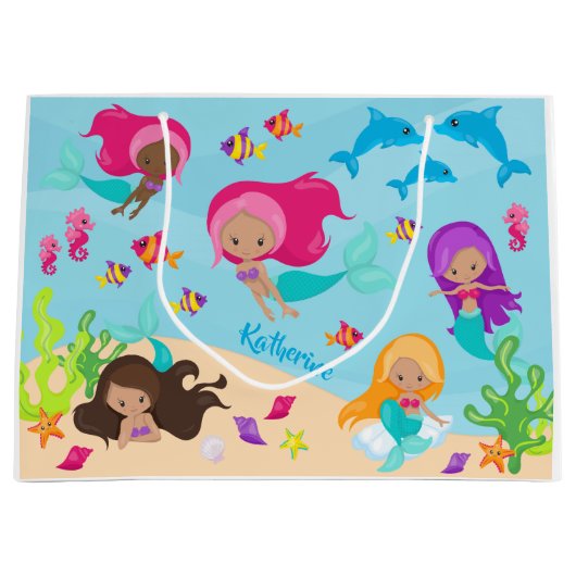 かわいいマンガの人魚の小さな女の子が海中 ラージペーパーバッグ (正面)