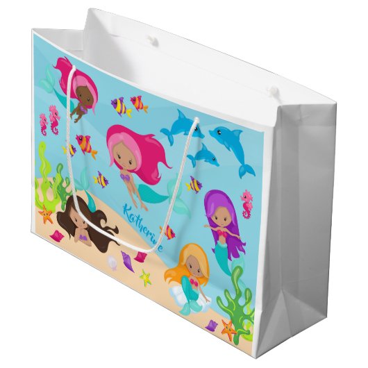 かわいいマンガの人魚の小さな女の子が海中 ラージペーパーバッグ (正面アングル)