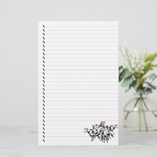 かわいいマンガの牛の群れが並ぶペット文房具 便箋 (スタンド正面)