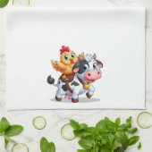 かわいいマンガの牛/チキン キッチンタオル (折り畳み)