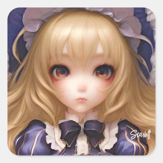 かわいいマンガアニメ日本のガールin青 スクエアシール (正面)