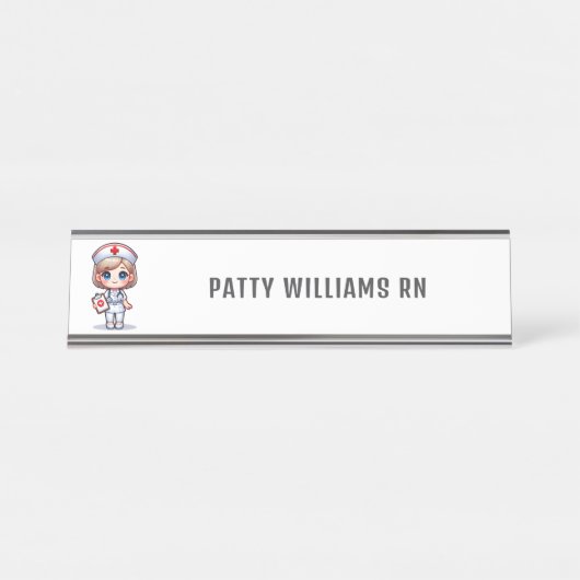 かわいいマンガナースとブロンドパーソナライズされた髪 デスクネームプレート (正面)