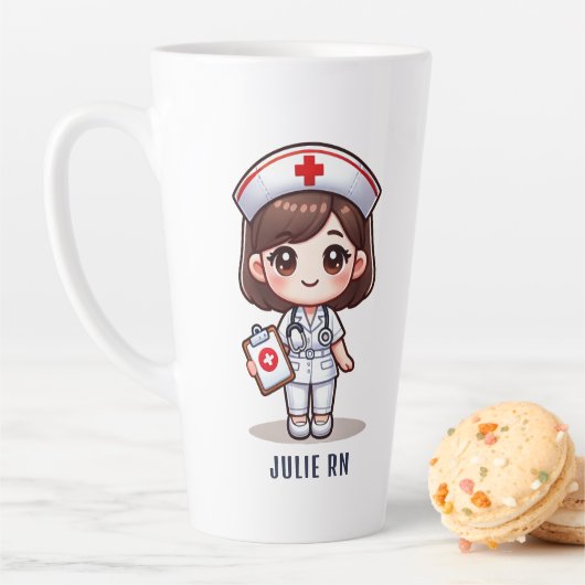 かわいいマンガナースブルネットブラウンアイズカスタム カフェラテマグ (インサイチュ)