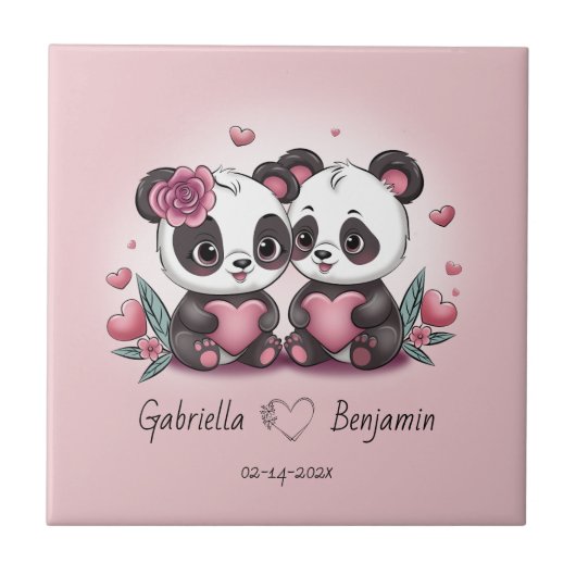 かわいいマンガパンダ愛好家ハートバレンタインデー タイル (正面)