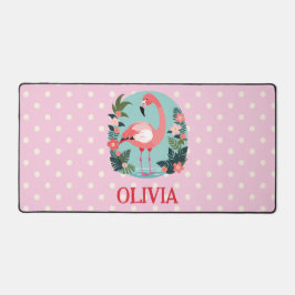 かわいいマンガピンクのフローラフラミンゴと水玉模様 デスクマット