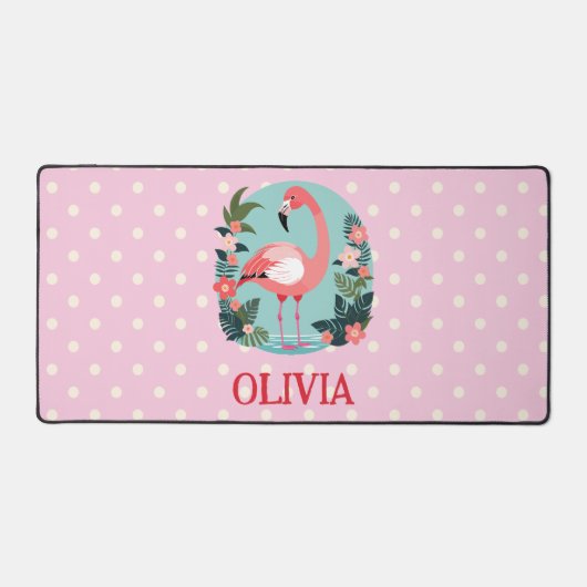 かわいいマンガピンクのフローラフラミンゴと水玉模様 デスクマット (正面)