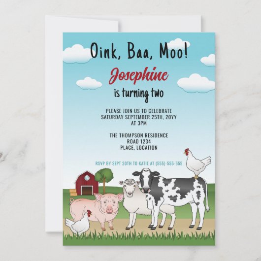 かわいいマンガファームアニマルズキッドの納屋周囲の庭誕生日 招待状 (正面)