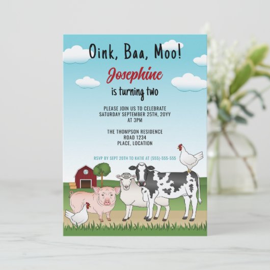 かわいいマンガファームアニマルズキッドの納屋周囲の庭誕生日 招待状 (スタンド正面)