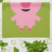 かわいいマンガファームピグ – ピンクとライムグリーン キッチンタオル (折り畳み)