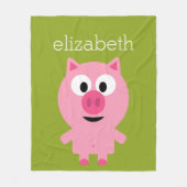 かわいいマンガファームピグ – ピンクとライムグリーン フリースブランケット (正面)