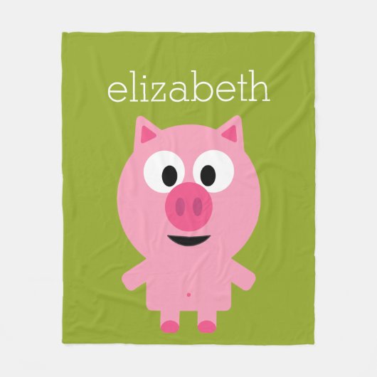 かわいいマンガファームピグ – ピンクとライムグリーン フリースブランケット (正面)