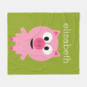 かわいいマンガファームピグ – ピンクとライムグリーン フリースブランケット (正面(横))