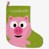 かわいいマンガファームピグ – ピンクとライムグリーン ラージクリスマスストッキング (正面)