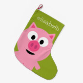 かわいいマンガファームピグ – ピンクとライムグリーン ラージクリスマスストッキング (正面 (吊り時))