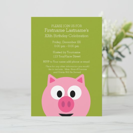 かわいいマンガファームピグ – ピンクとライムグリーン 招待状 (スタンド正面)