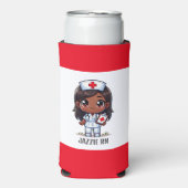 かわいいマンガブラックナースブラウンヘアアンドアイカスタムズ スリム缶クーラー (Seltzer正面)