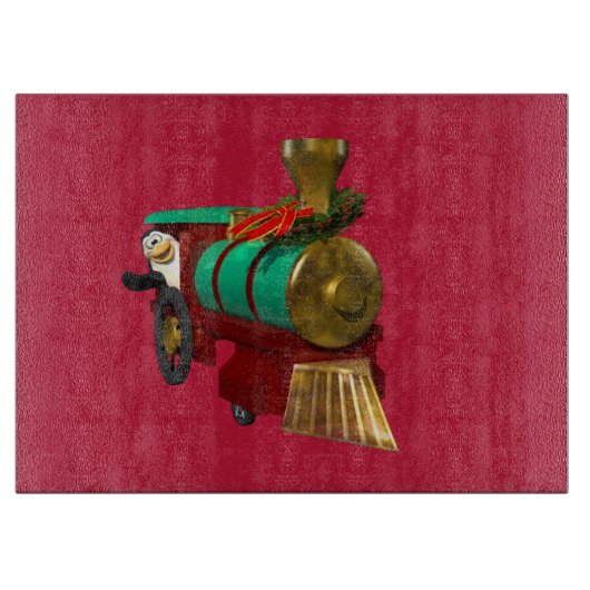 かわいいマンガペンギンとクリスマストレイン カッティングボード (正面)