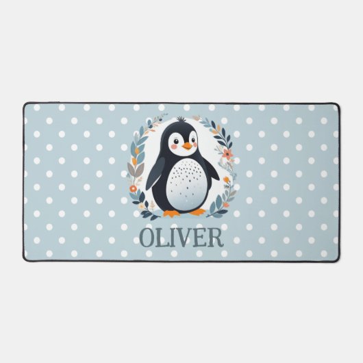 かわいいマンガペンギンと花 デスクマット (正面)