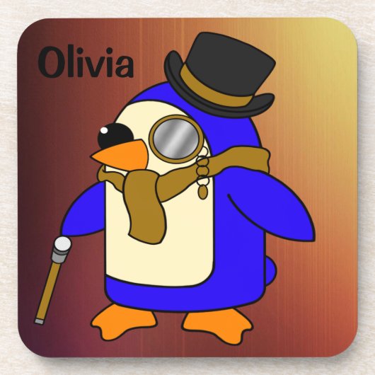 かわいいマンガペンギンのライトレザーブラウン コースター (正面)